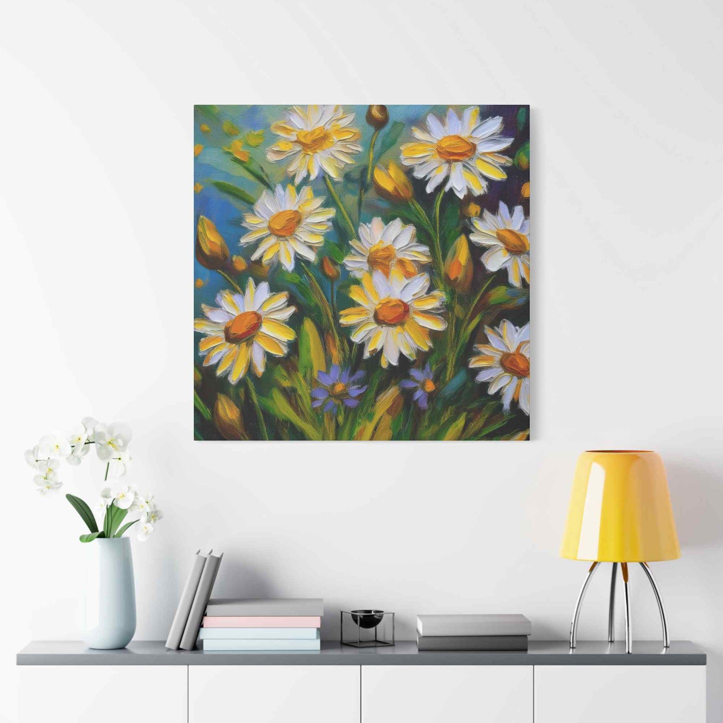 White Daisies Print Canvas, Floral Oil Paint Print 20x20, 24x24, 30x30, 32x32, 36x36 Art Design Pine-Wood Inner Frame MC-127