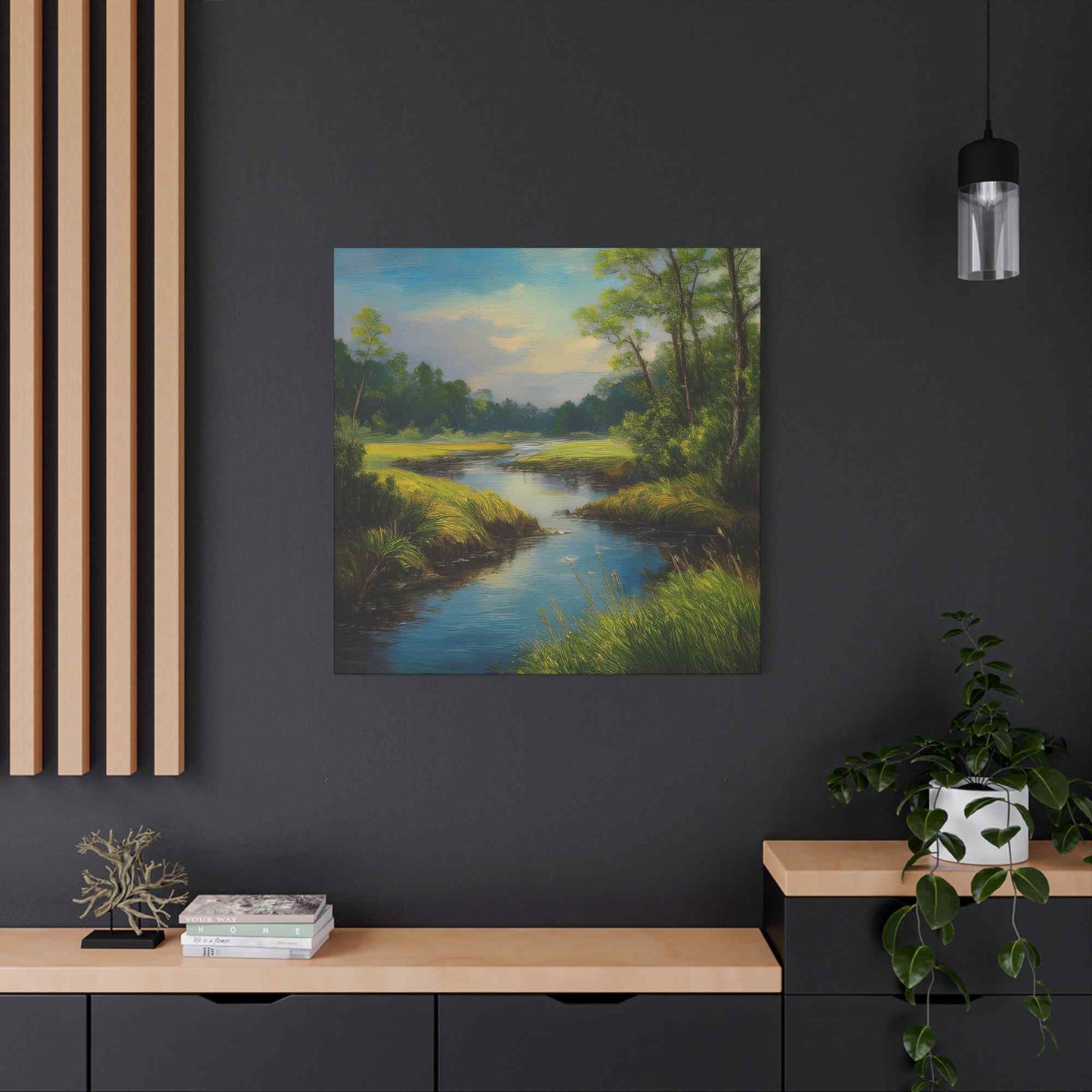 River Print Canvas, Landscape Oil Paint Print 20x20, 24x24, 30x30, 32x32, 36x36 Art Design Print Pine-Wood Inner Frame MC-52