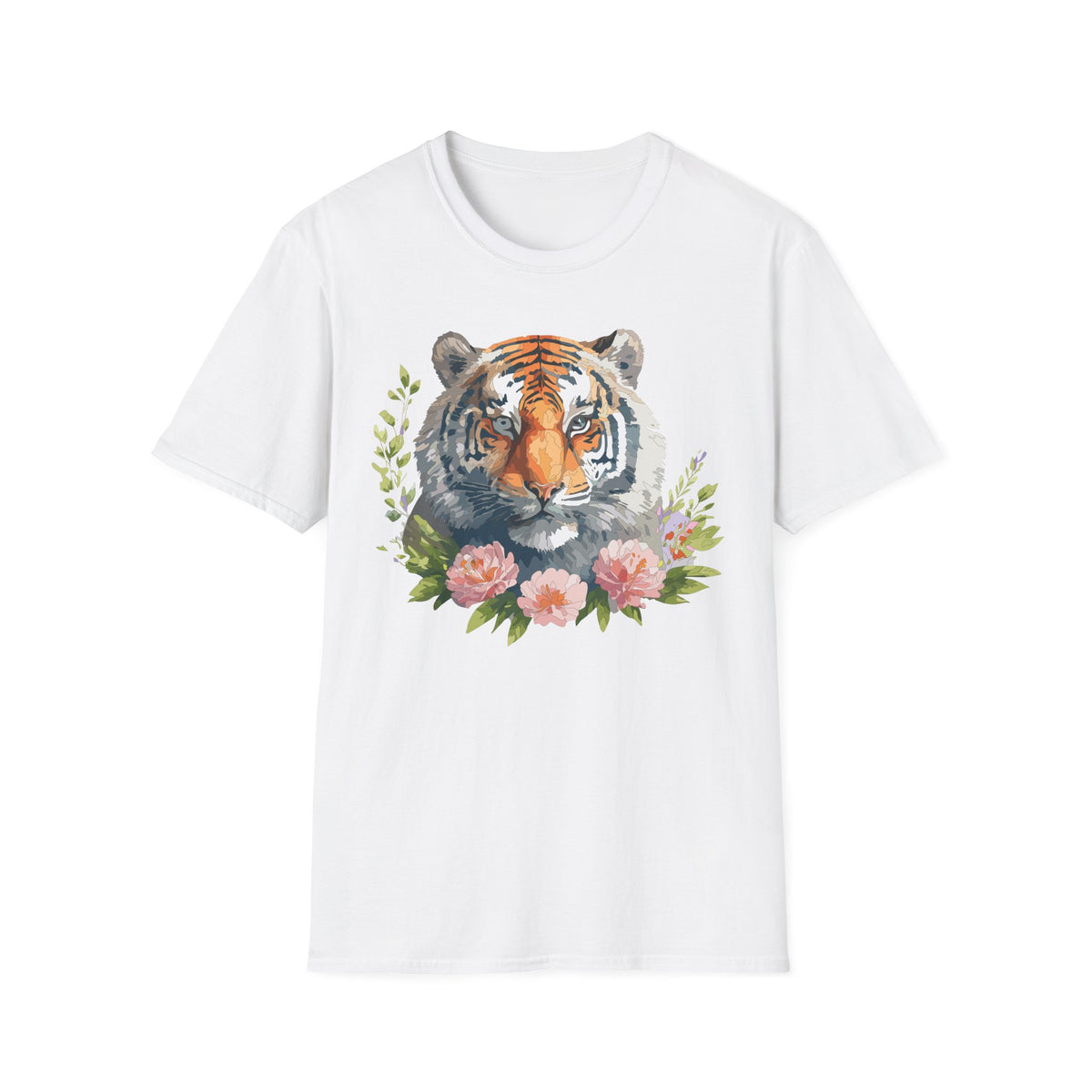 Watercolor Tiger Head T-Shirt | Floral Accents, Botanical Illustration