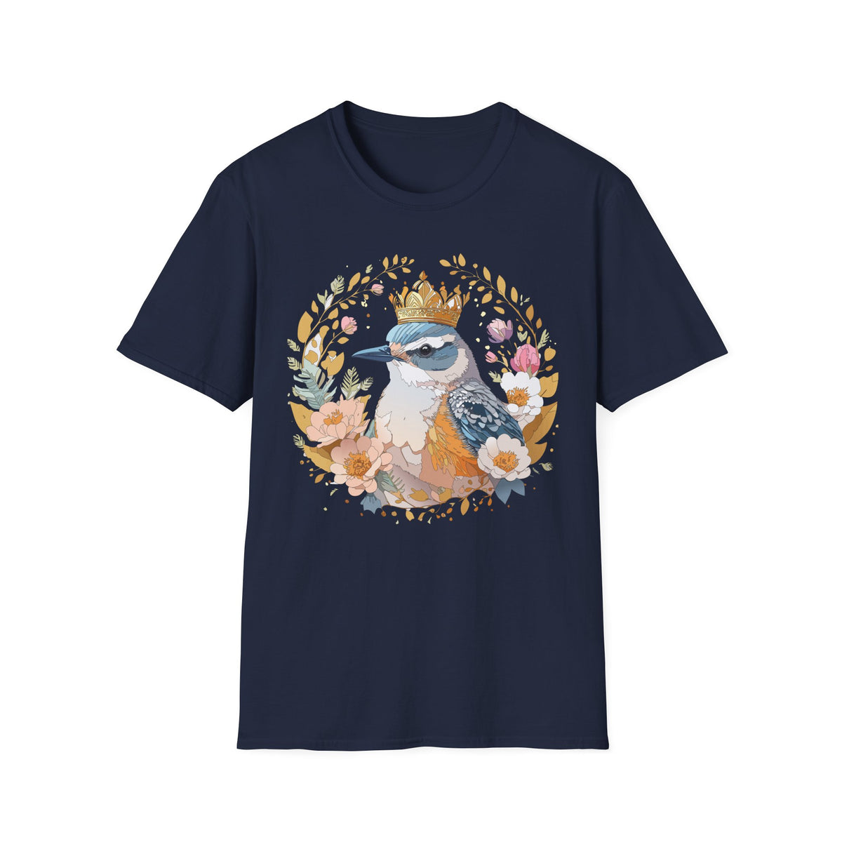 Crowned Bluebird Floral Illustration T-Shirt | Whimsical Bird Art
