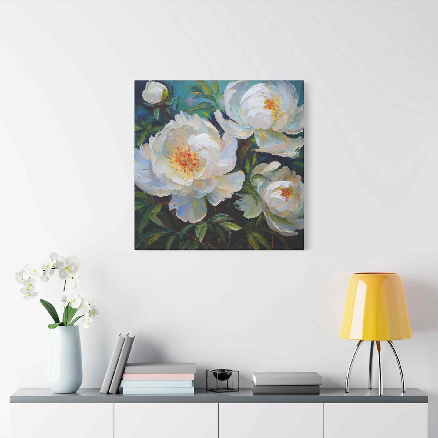 White Peonies Print Canvas, Floral Oil Paint Print 20x20, 24x24, 30x30, 32x32, 36x36 Art Design Pine-Wood Inner Frame MC-119