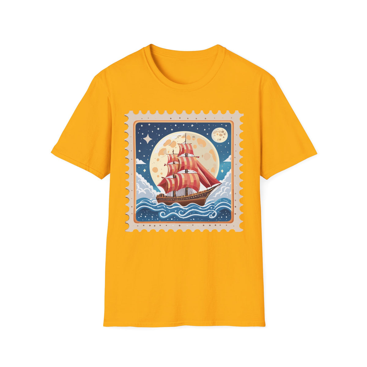 Red Sail Ship Moon Stamp T-Shirt | Nautical Vintage Illustration