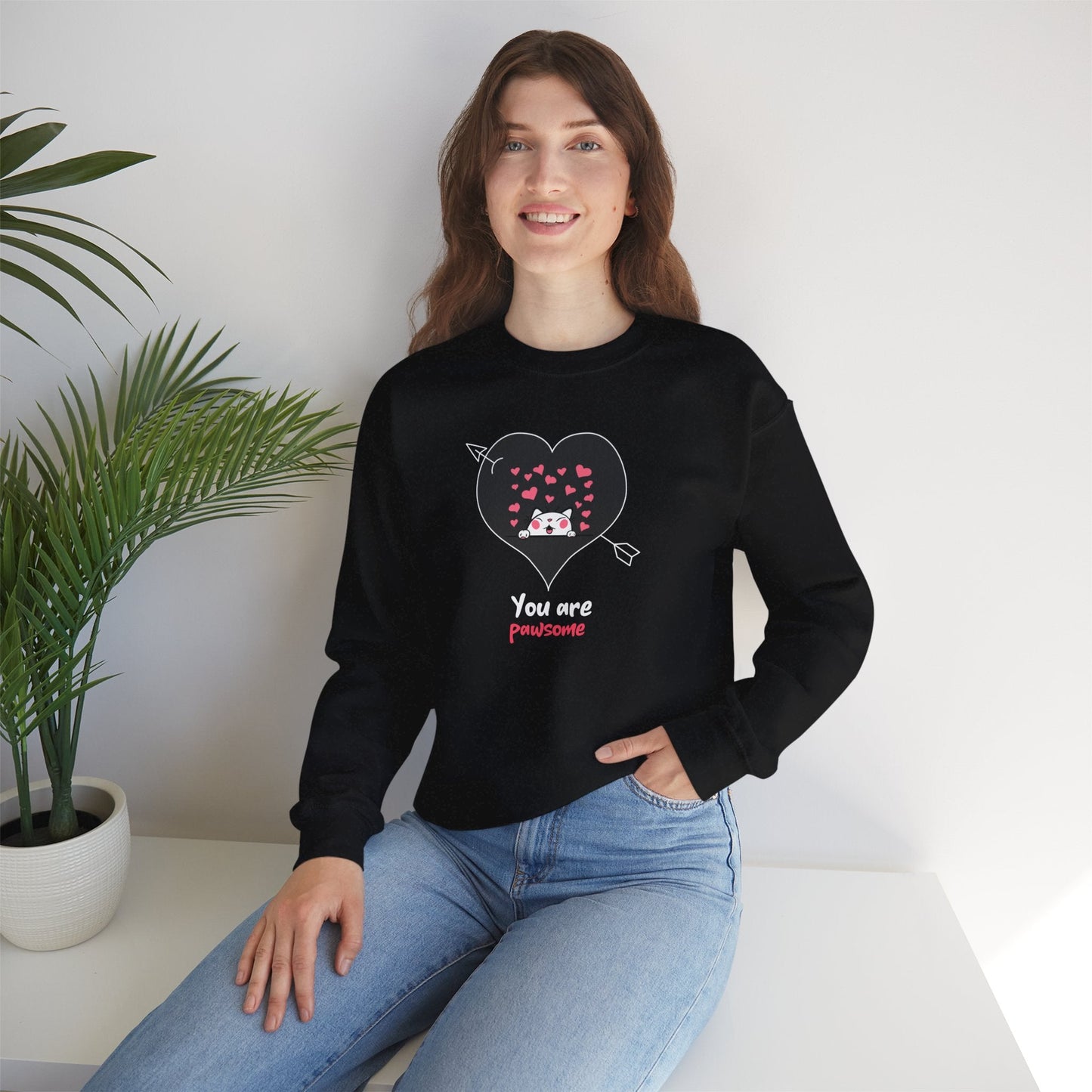 Cat Heart Sweatshirt Valentines Day Fifty Fifty Cotton Poly Unisex Crewneck Gift Idea