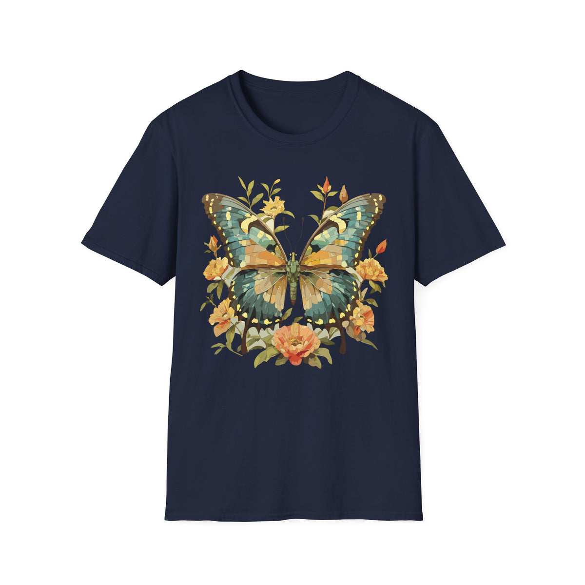 Butterfly Floral T-Shirt — Vintage Green & Gold Garden Graphic Tee Unisex 100 Cotton Gildan T-Shirt