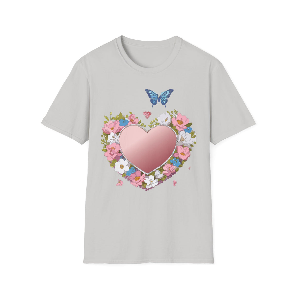 Floral Heart with Blue Butterfly T-Shirt | Pink Heart Floral Graphic Tee Unisex 100 Cotton Gildan T-Shirt