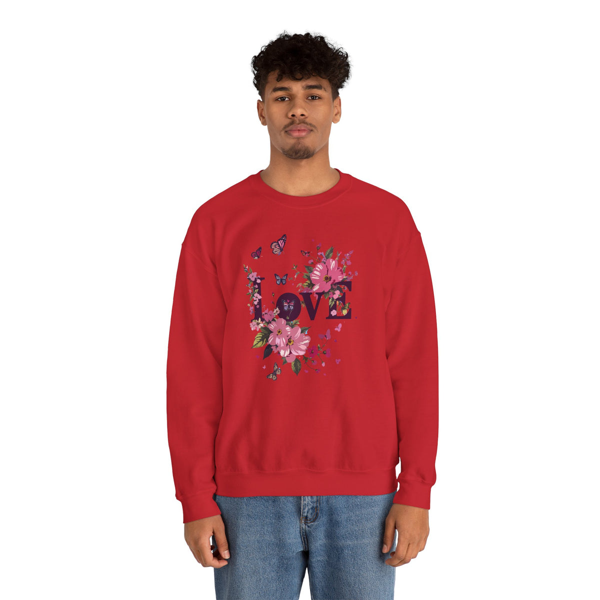 Unisex Floral Love Sweatshirt, Love Floral Sweatshirt, Floral Butterfly Sweatshirt, 50/50 Cotton-Poly Valentine's Day Sweatshirt 05