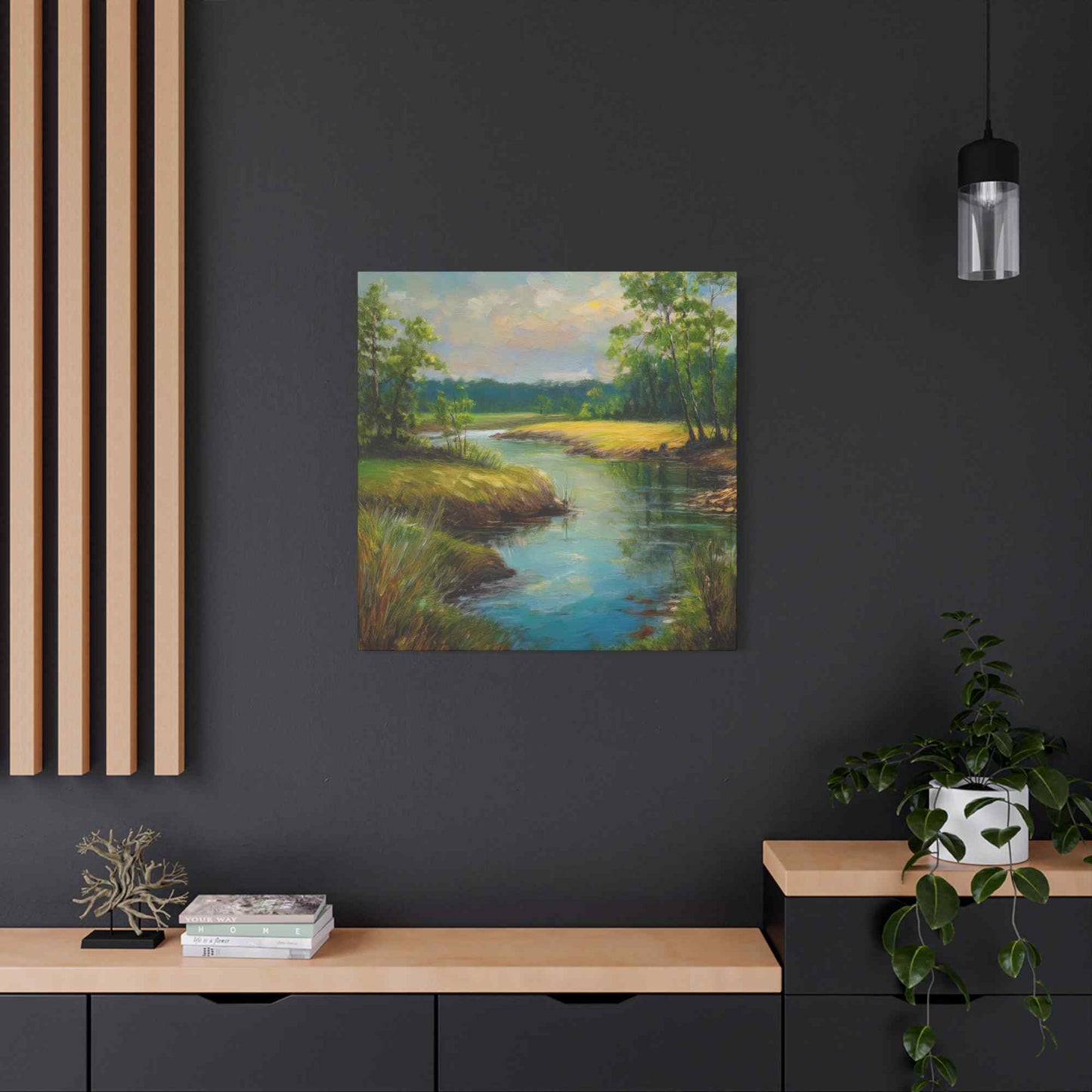 River Print Canvas, Landscape Oil Paint Print 20x20, 24x24, 30x30, 32x32, 36x36 Art Design Print Pine-Wood Inner Frame MC-55