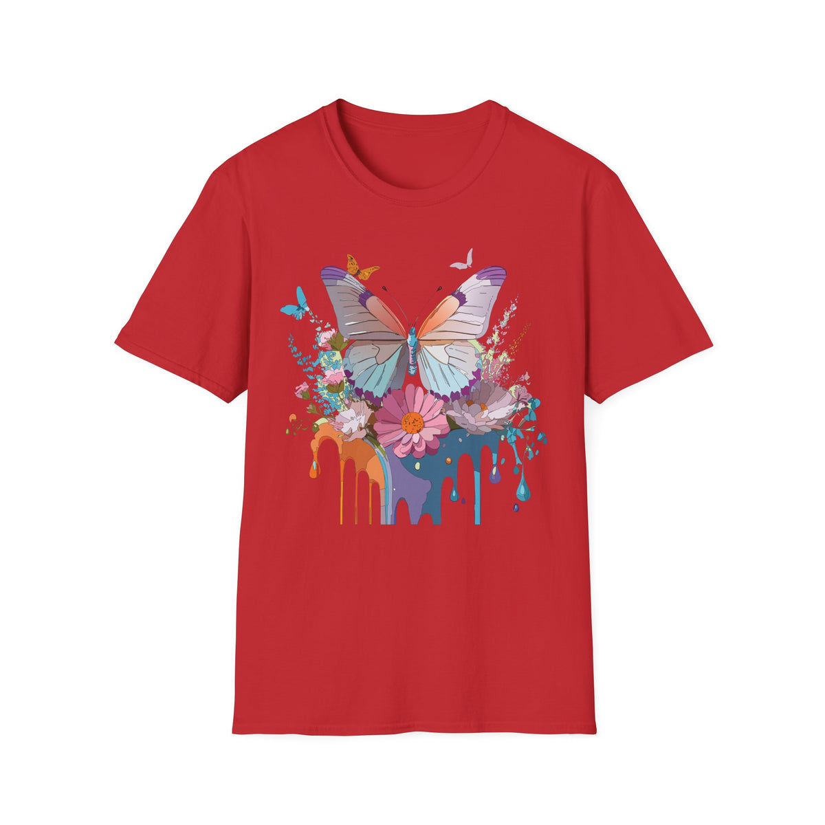 Butterfly Floral T-Shirt — Colorful Drip Art Garden Graphic Design Unisex 100 Cotton Gildan T-Shirt