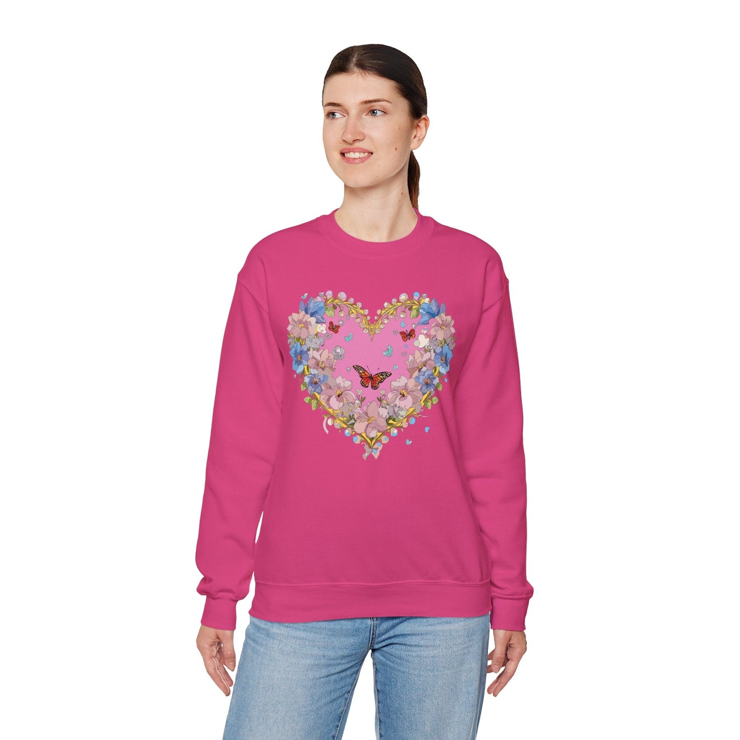 Floral Heart Sweatshirt Unisex Crewneck Gildan 18000 Fifty Fifty Cotton Polyester Valentine's Day