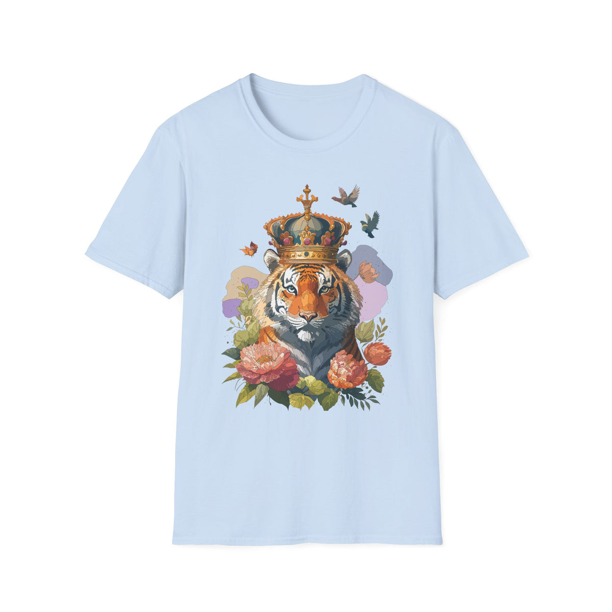 Crowned Tiger Illustration T-Shirt | Floral, Birds, Regal Wildlife Art - Unisex 100 Cotton Gildan 64000