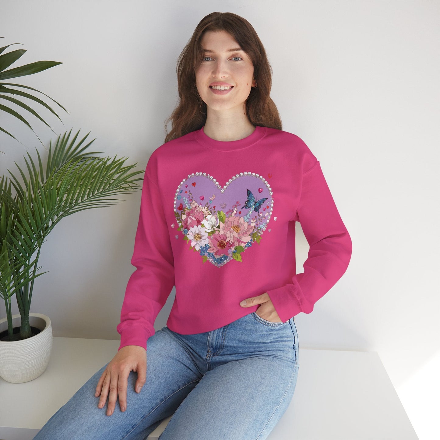 Floral Heart Sweatshirt Unisex Crewneck Valentines Day Heavy Blend Gildan 18000 Cozy Warm