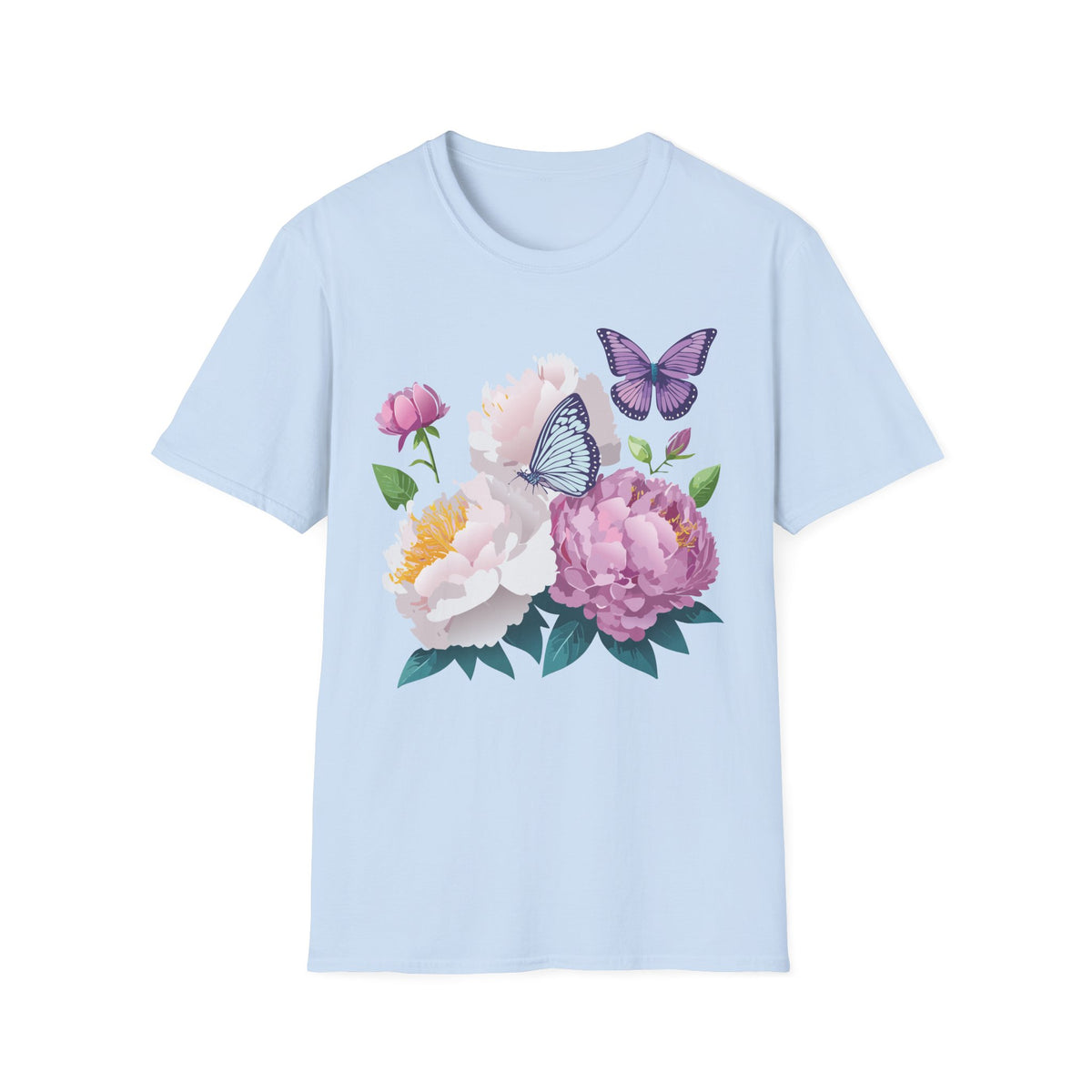 Floral Peonies & Butterflies T-Shirt — pastel garden tee for spring, Mother's Day Graphic Tee Unisex 100 Cotton Gildan T-Shirt