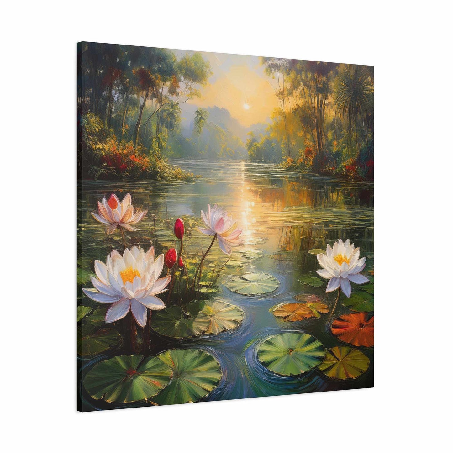 Water Lilies Print Canvas, Oil Paint Print 20x20, 24x24, 30x30, 32x32, 36x36 Floral Art Print Pine-Wood Inner Frame MC-65