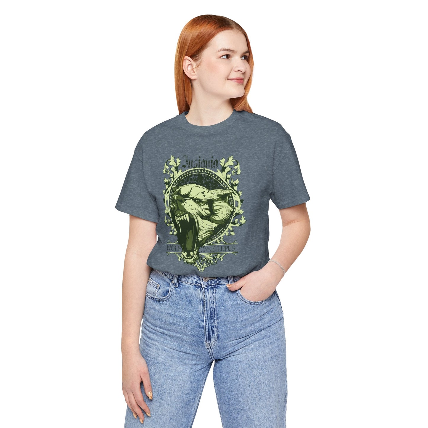 Howling Wolf Skull Tee Gothic Vintage Crest, Green Graphic Shirt Art-54