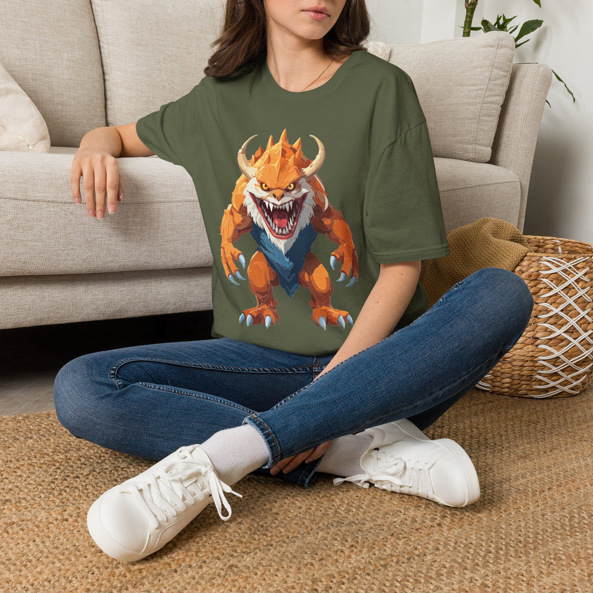 Monster Graphic T-Shirt — Fierce Orange Demon Creature Cartoon Graphic Tee Unisex 100 Cotton Gildan T-Shirt