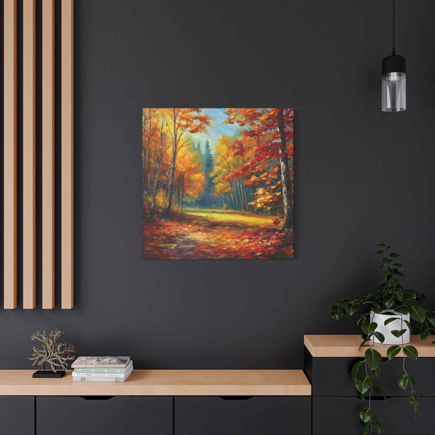 Fall Forest Print Canvas, Oil Paint Print 20x20, 24x24, 30x30, 32x32, 36x36 Art Design Print Pine-Wood Inner Frame MC-100