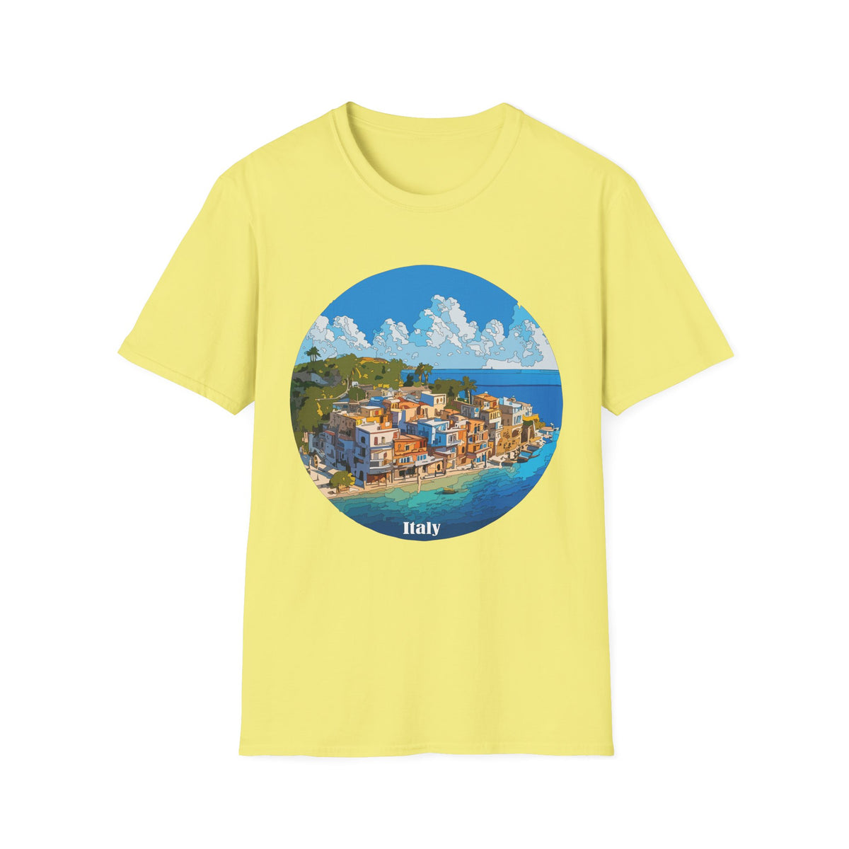 Coastal Italy Village Illustration T-Shirt | Mediterranean Seaside Graphic Tee