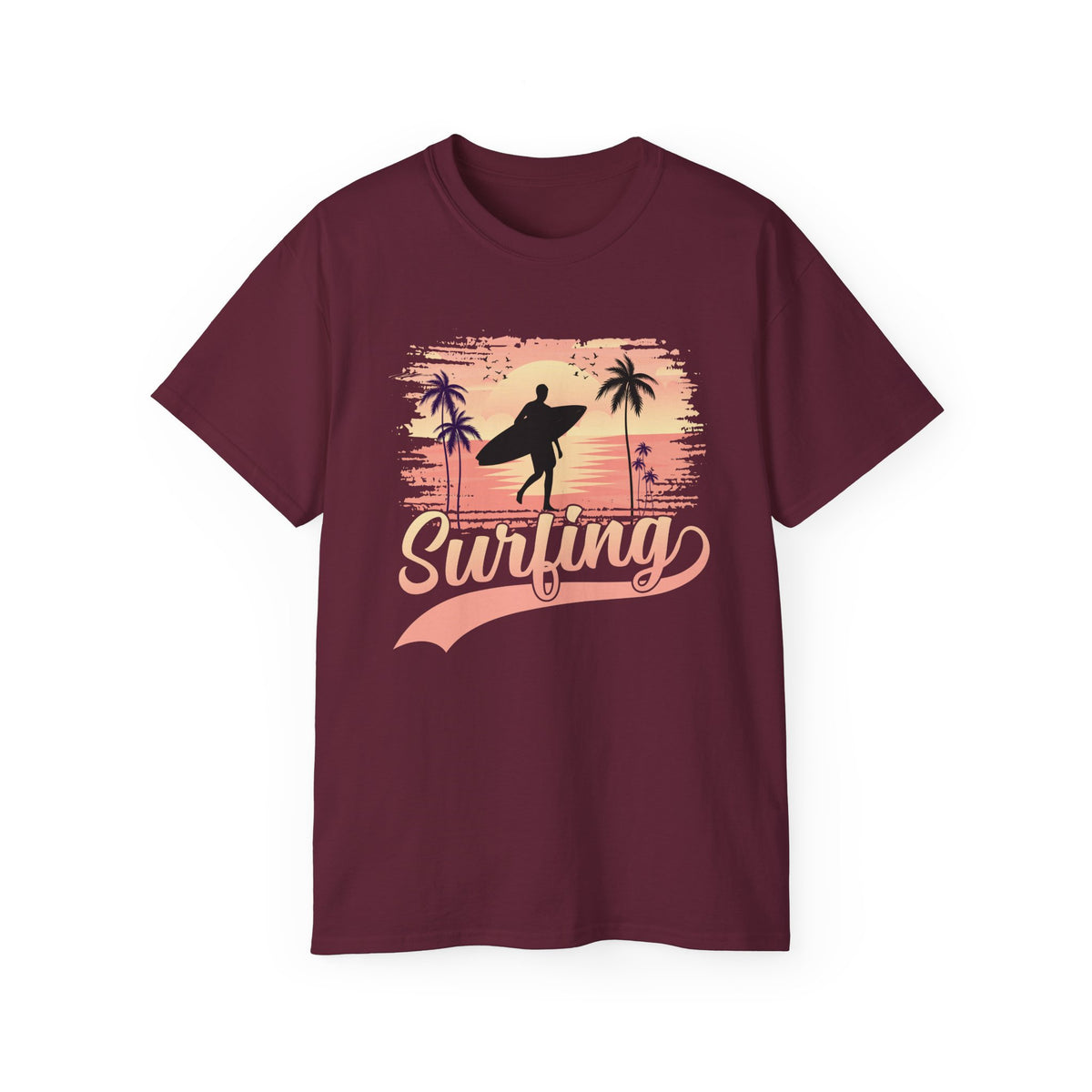 Surfing Silhouette Sunset T-Shirt | Palm Trees, Retro Wave Graphic