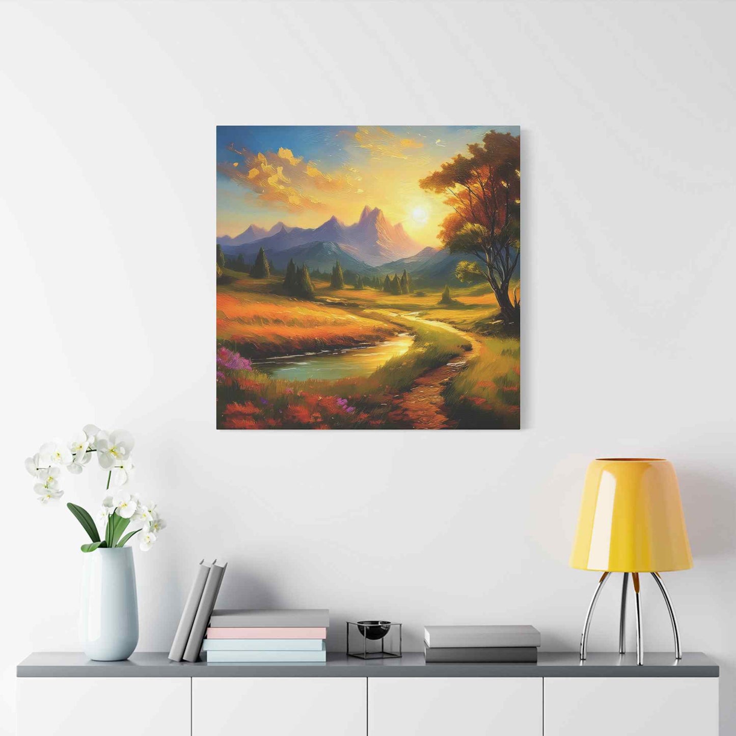 Landscape Print Canvas, Oil Paint Print 20x20, 24x24, 30x30, 32x32, 36x36 Art Design Print Pine-Wood Inner Frame MC-37