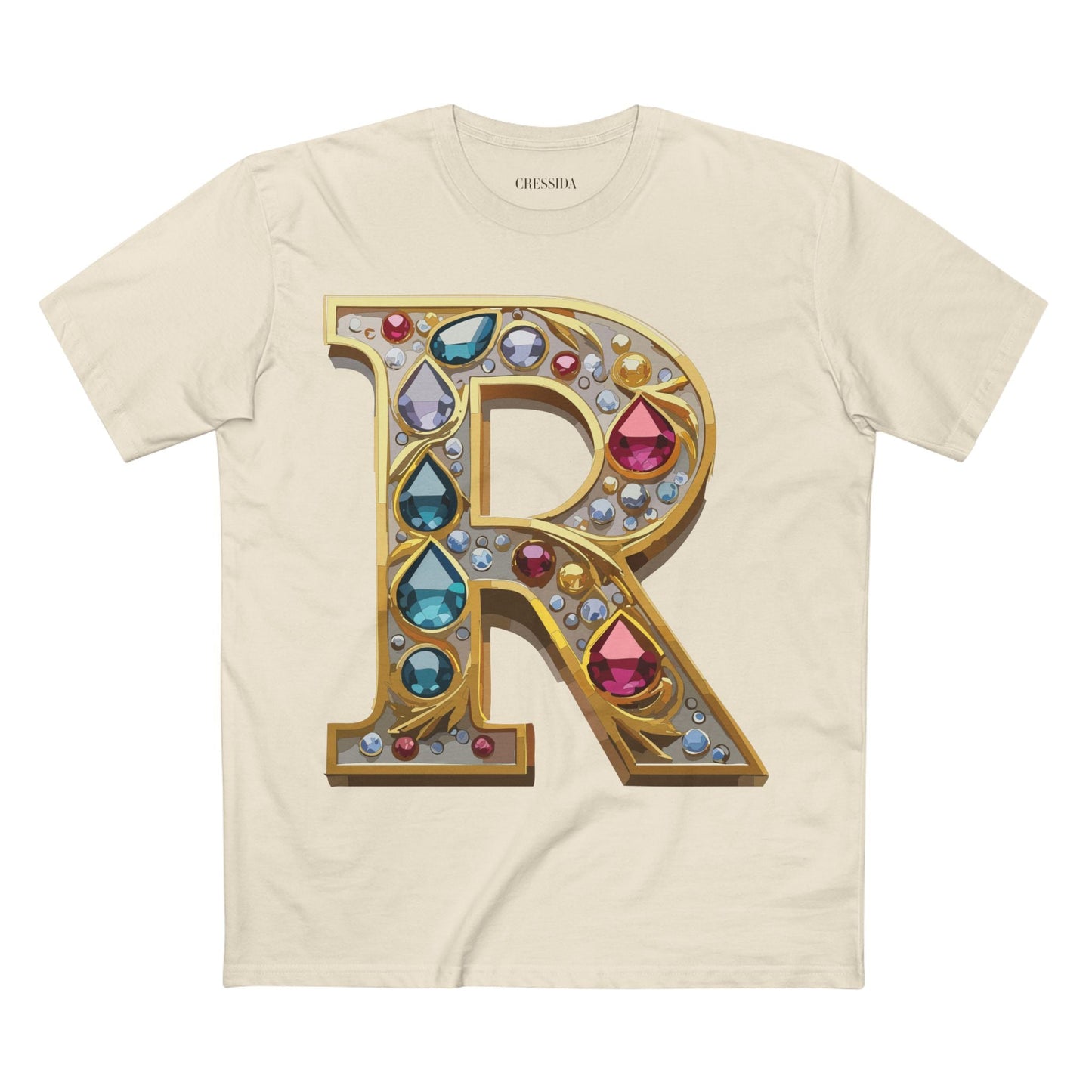 Letter R Graphic Design Tee Unisex 100 Cotton With Antique Gold Letters Artwork T-Shirt