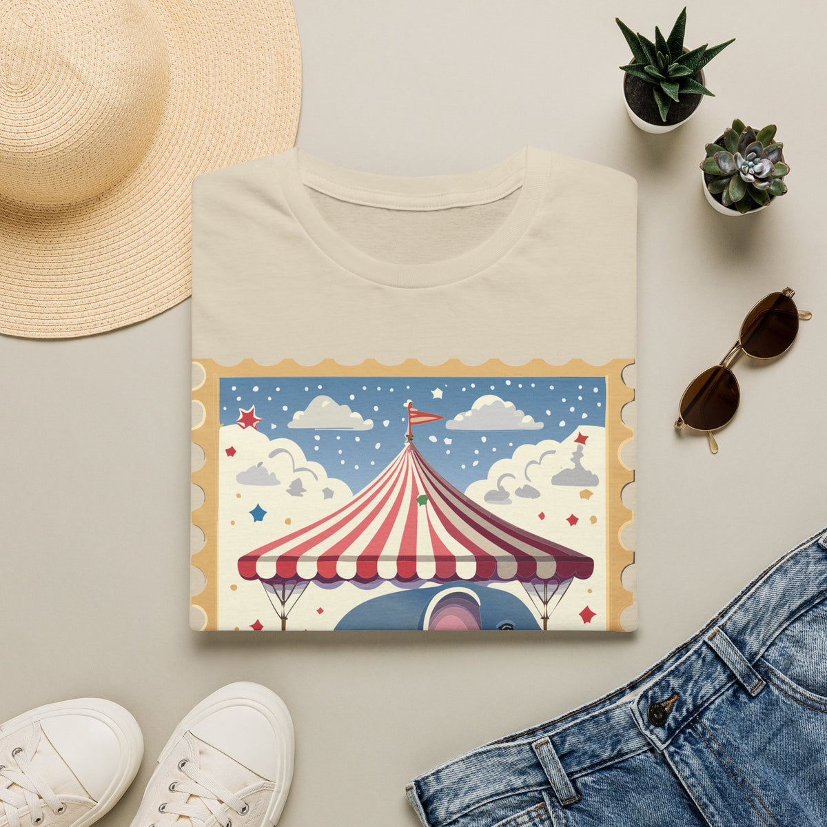 Circus Elephant Tent T-Shirt | Vintage Carnival Stamp Graphic Tee Unisex 100 Cotton Gildan T-Shirt
