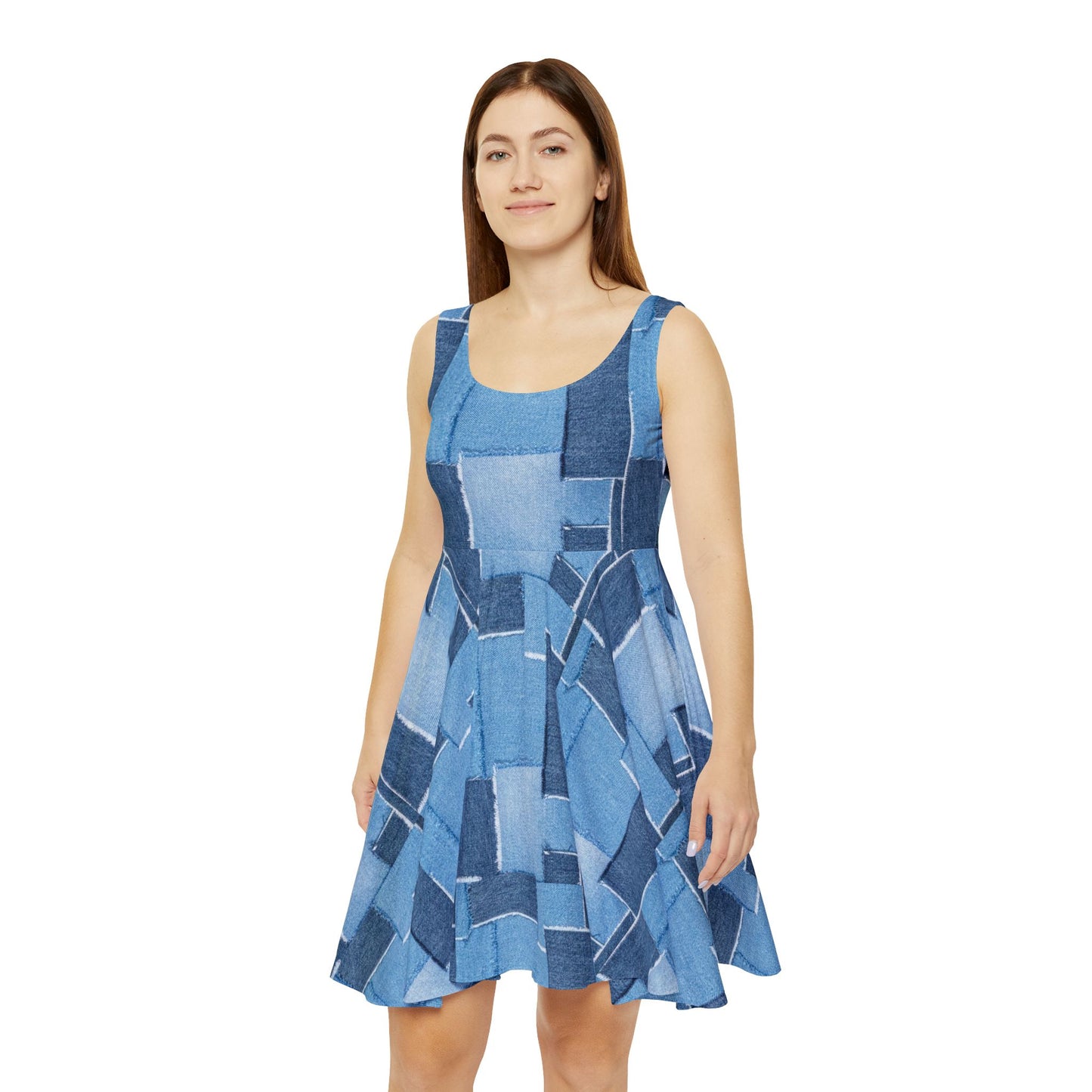 Women Denim Print Skater Dress, Denim Print Poly-Span Dress - 4