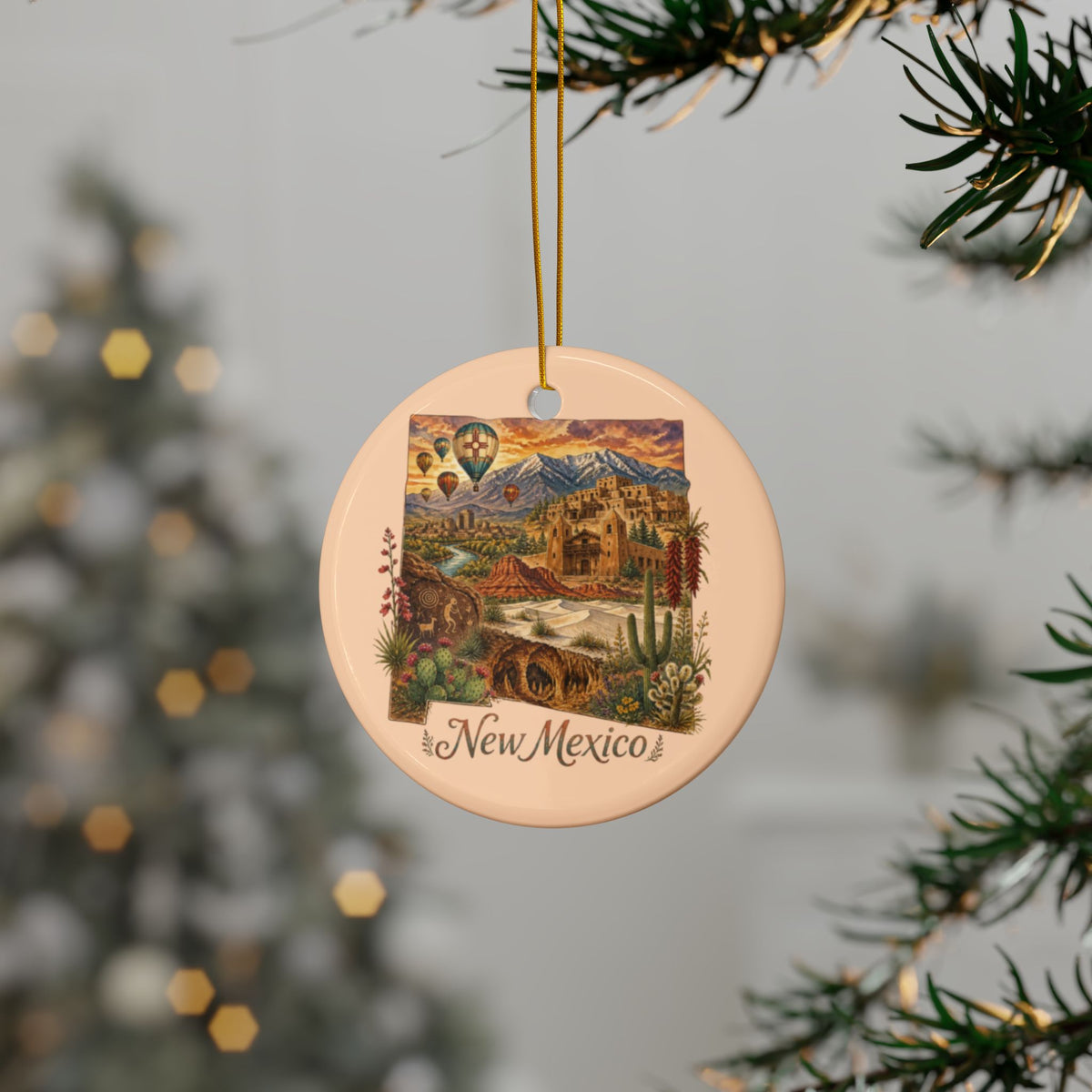New Mexico State Illustration Ornament | Ceramic Ornament - 2.99" Includes Gold String