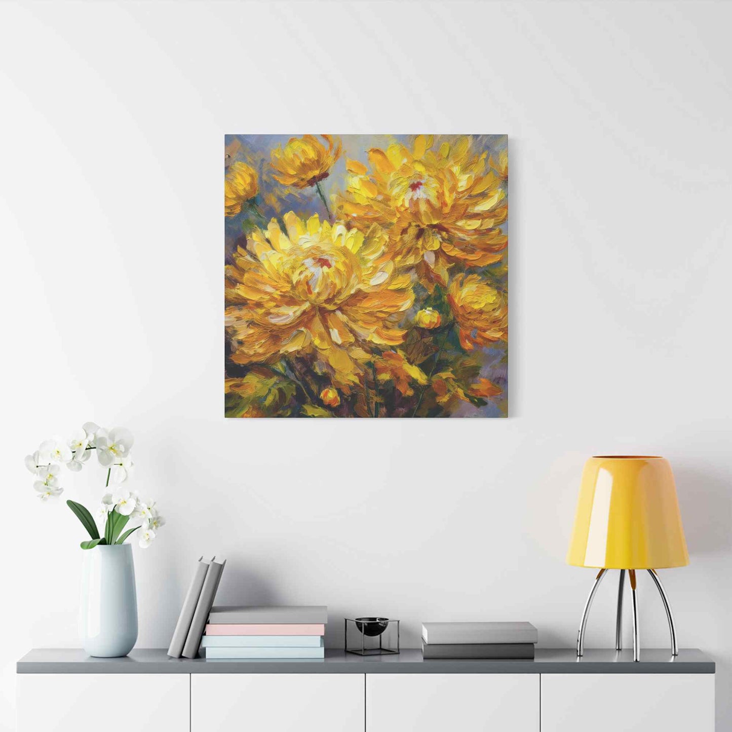 Chrysanthemums Print Canvas, Floral Oil Paint Print 20x20, 24x24, 30x30, 32x32, 36x36 Art Design Pine-Wood Inner Frame MC-164