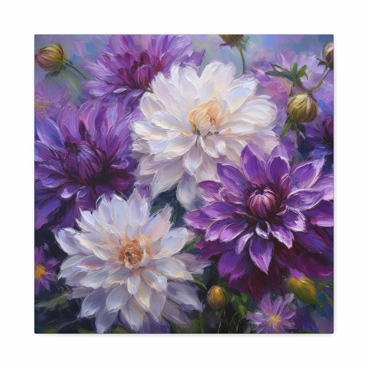 Dahlias Floral Print Canvas, Floral Oil Paint Print 20x20, 24x24, 30x30, 32x32, 36x36 Art Design Pine-Wood Inner Frame MC-171