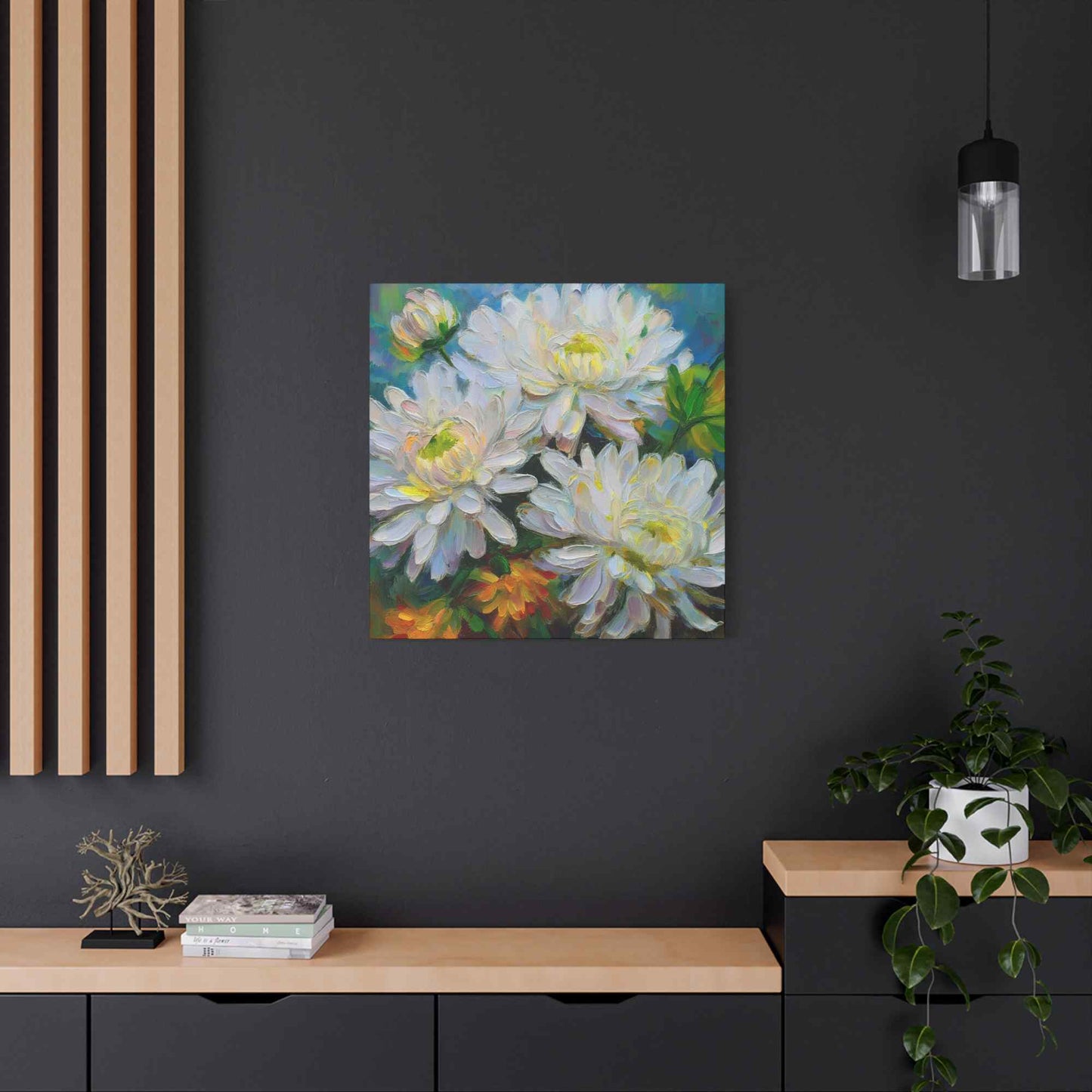 Chrysanthemums Print Canvas, Floral Oil Paint Print 20x20, 24x24, 30x30, 32x32, 36x36 Art Design Pine-Wood Inner Frame MC-161