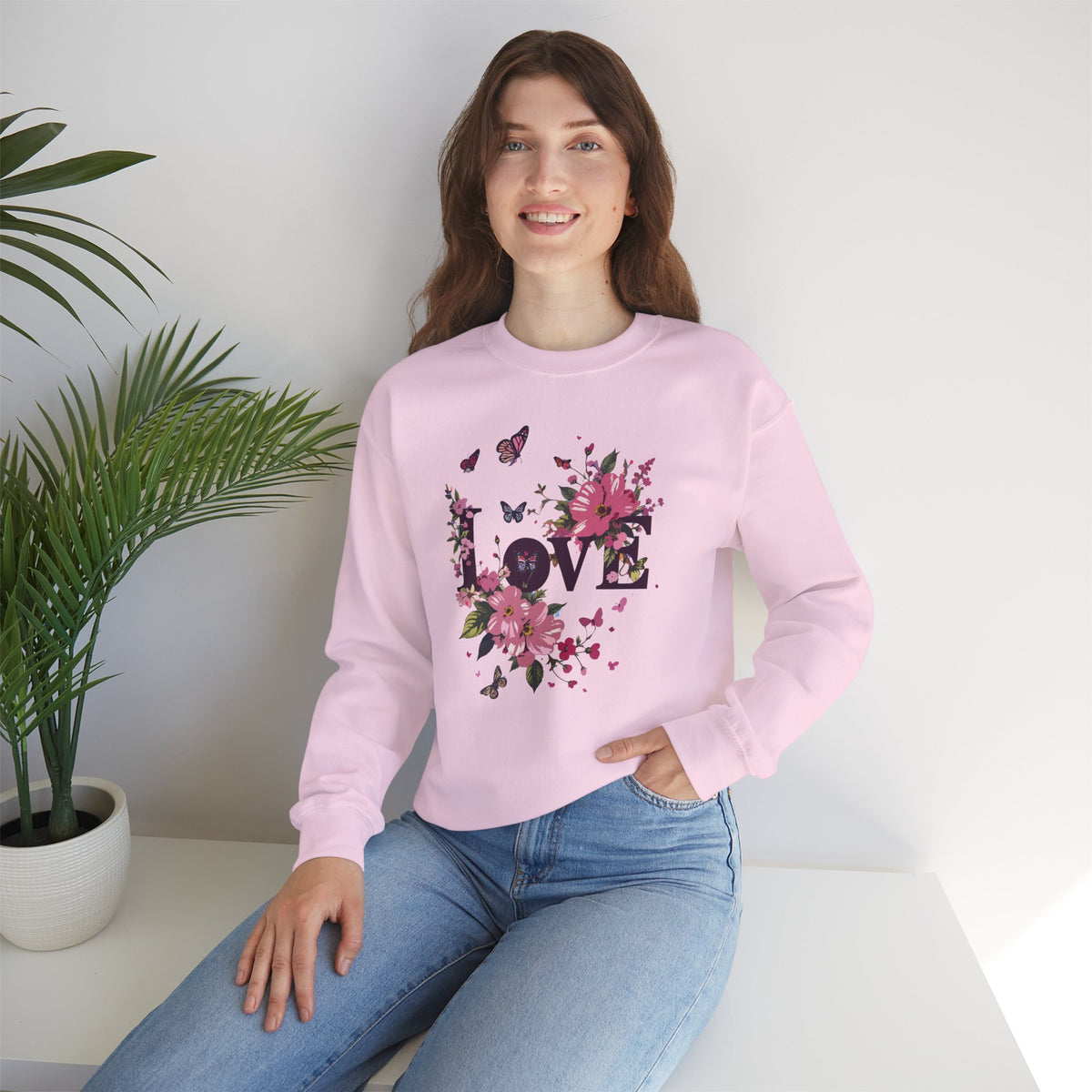Unisex Floral Love Sweatshirt, Love Floral Sweatshirt, Floral Butterfly Sweatshirt, 50/50 Cotton-Poly Valentine's Day Sweatshirt 05