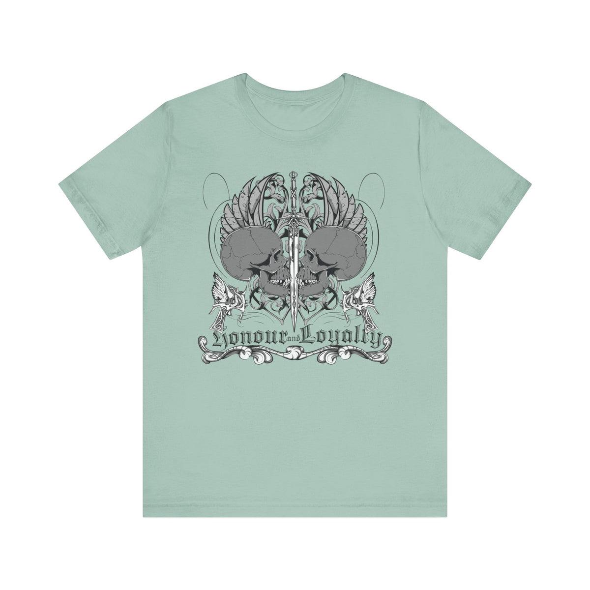 Honor Loyalty crest tee Gothic heraldry skulls wings emblem Unisex Cotton Art-48