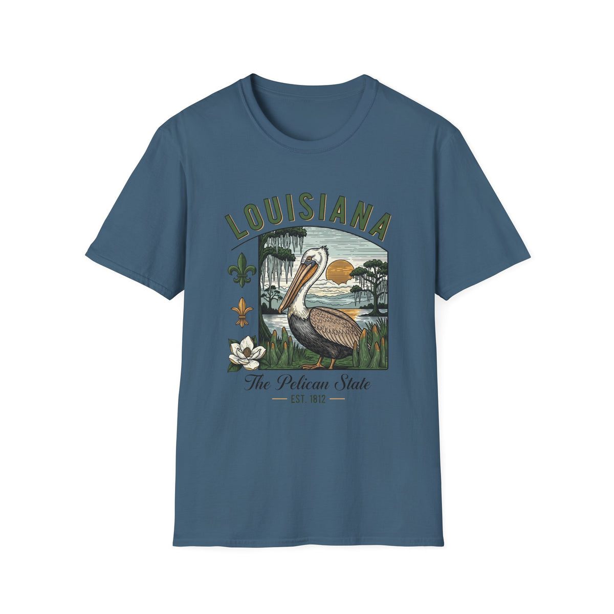 Louisiana Pelican State Graphic T-Shirt — Vintage Bayou Sunset Travel Tourist Graphic Design Unisex 100 Cotton Gildan T-Shirt