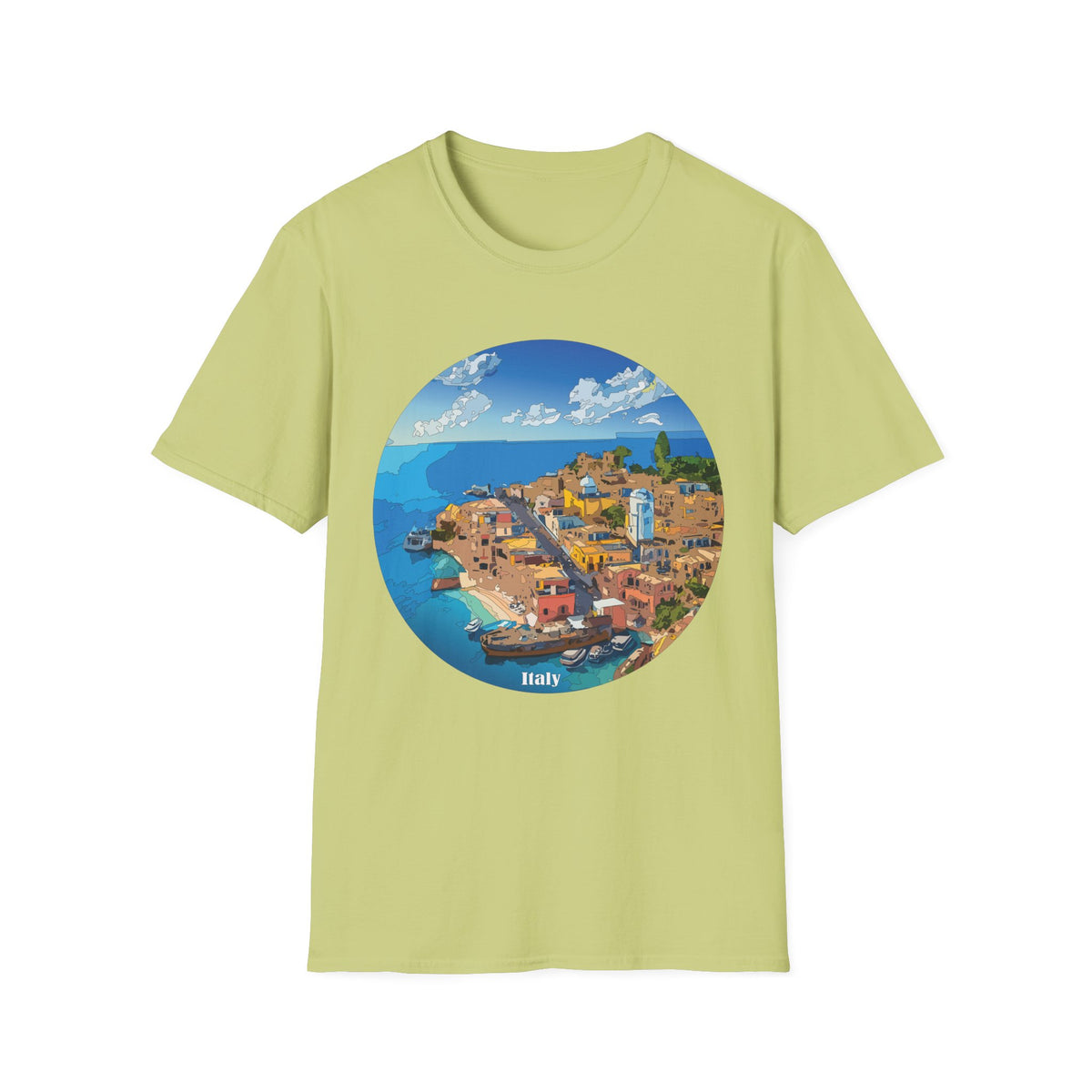 Italy Mediterranean Coastal Village Illustration T-Shirt | Seaside Landscape Tee