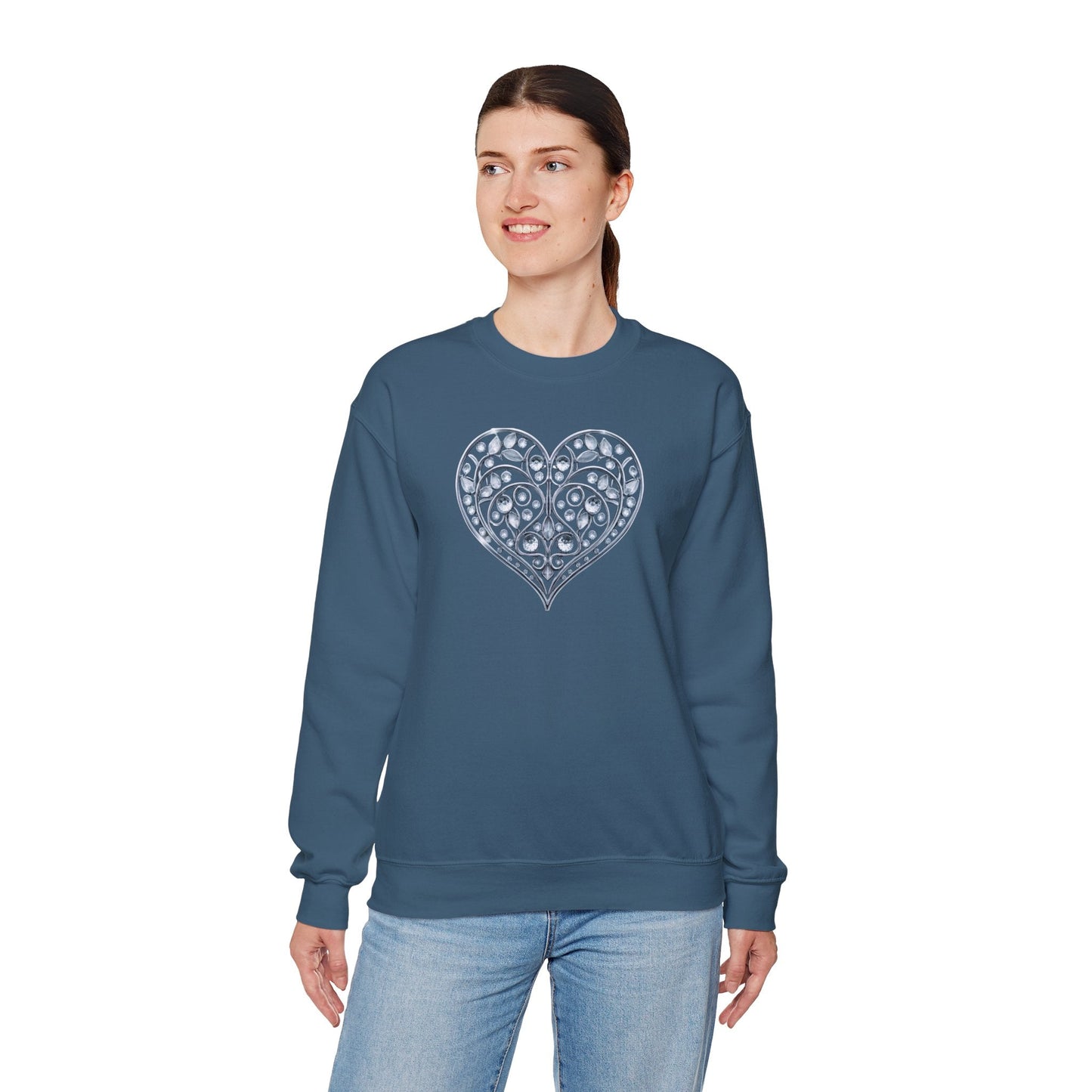 Big Crystal Heart Sweatshirt Unisex Fifty Fifty Cotton Poly Crewneck Valentines Day Sweatshirt