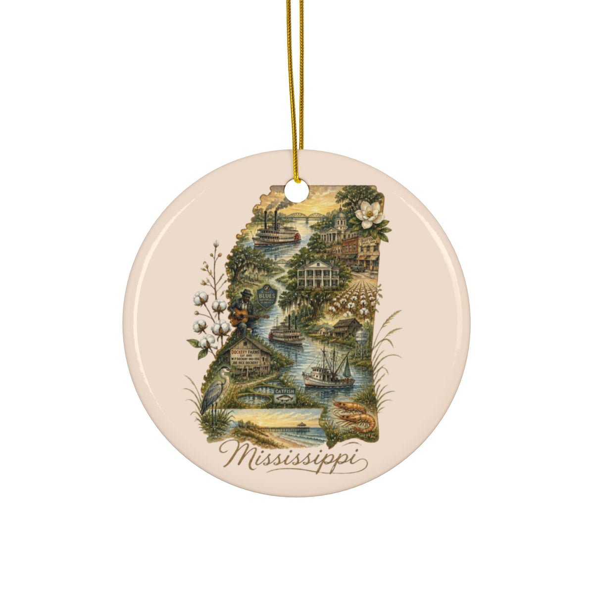 Mississippi State Map Illustration Ceramic Ornament | Round Double-Sided - 2.99" Includes Gold String