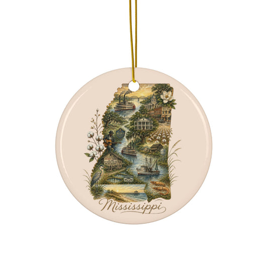 Mississippi State Map Illustration Ceramic Ornament | Round Double-Sided - 2.99" Includes Gold String