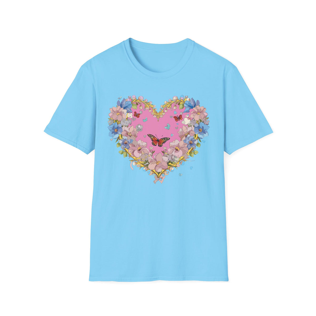 Floral Heart with Butterfly T-Shirt | Pink Bloom Love Graphic Tee Unisex 100 Cotton Gildan T-Shirt