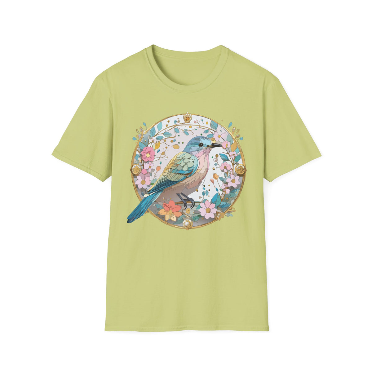 Floral Bird Illustration T-Shirt | Pastel Nature Circle Design