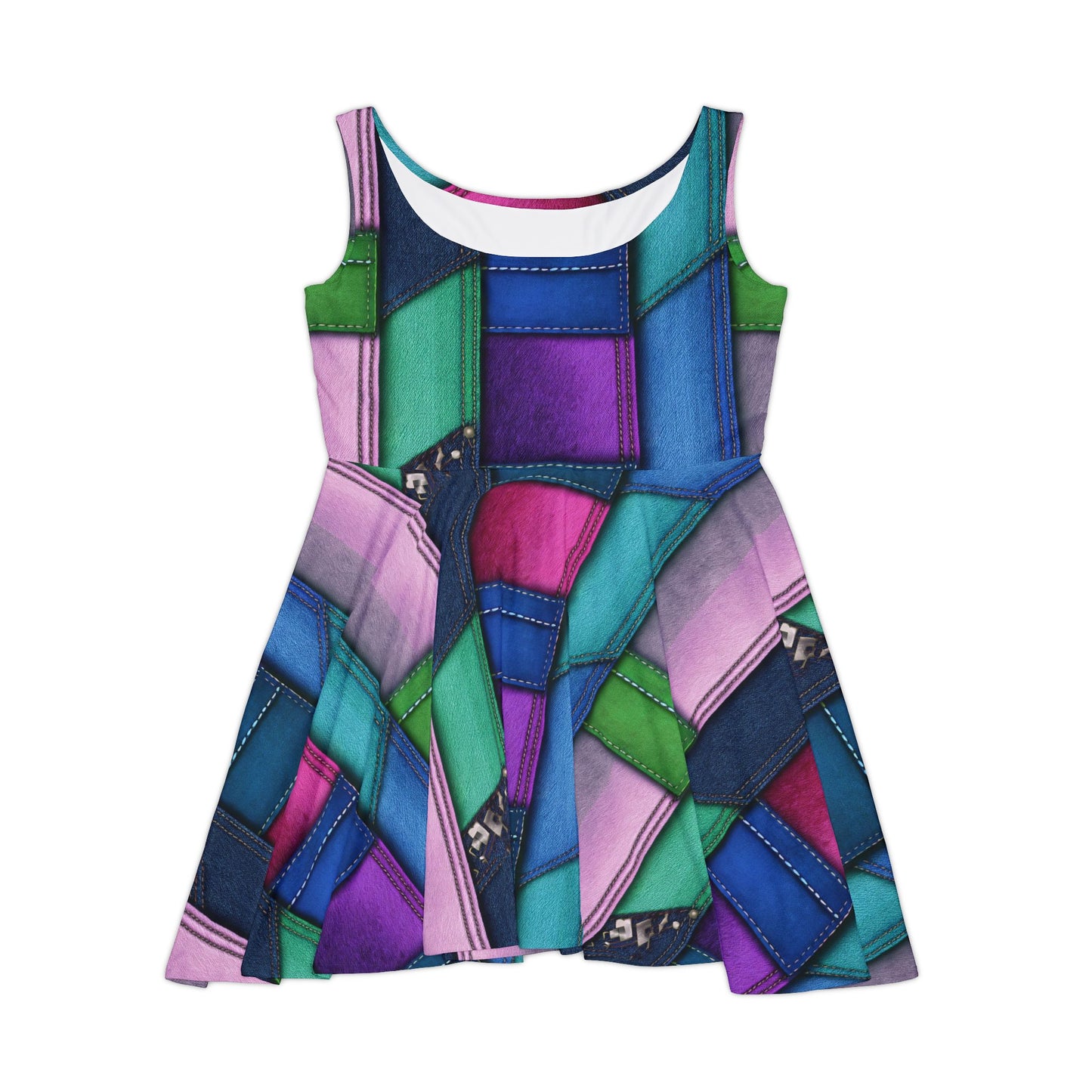 Women Denim Print Skater Dress, Denim Print Poly-Span Dress - 7