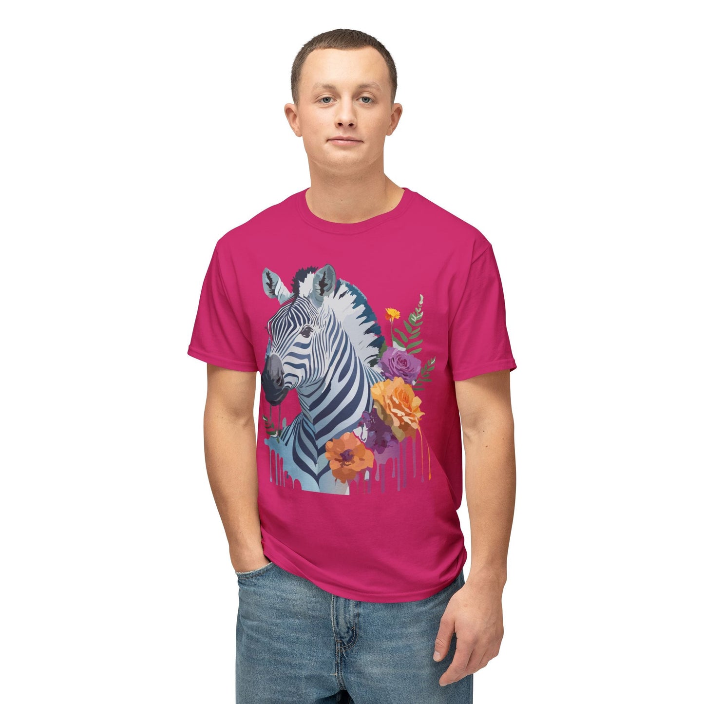 Unisex Zebra T Shirt With Floral Art Print Premium HD Cotton Jersey Tee Made In USA