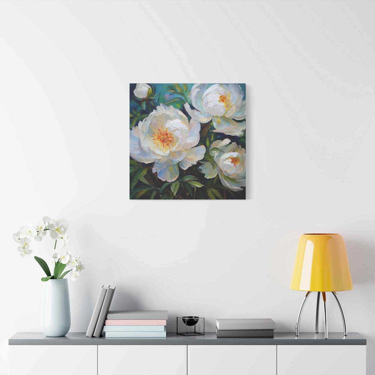 White Peonies Print Canvas, Floral Oil Paint Print 20x20, 24x24, 30x30, 32x32, 36x36 Art Design Pine-Wood Inner Frame MC-119