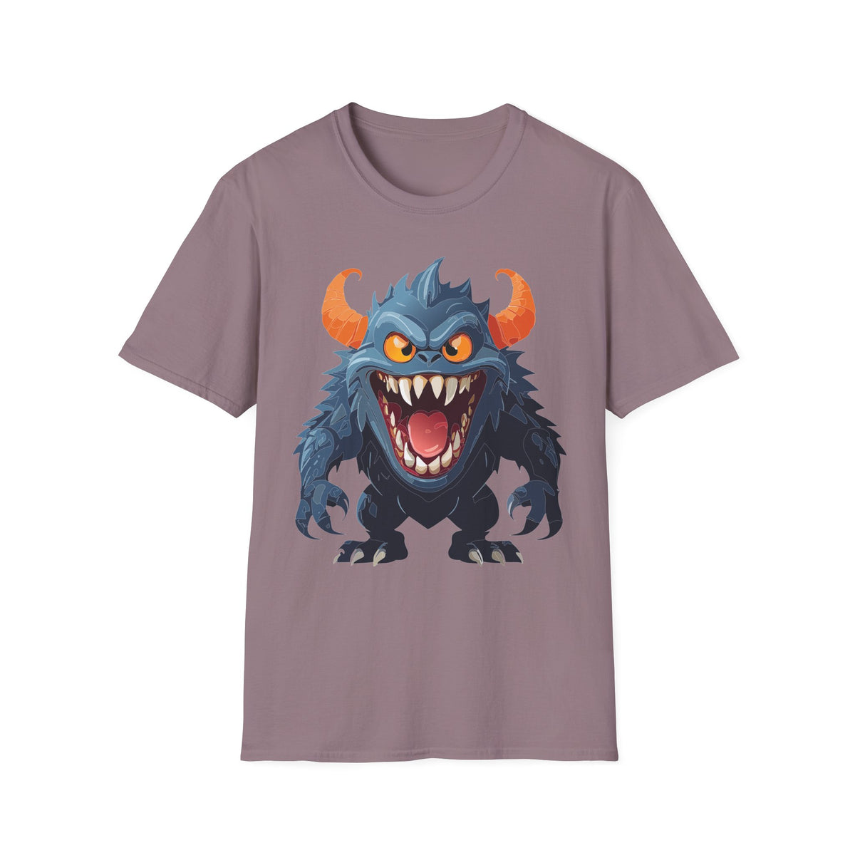 Monster Graphic T-Shirt — Fierce Blue Horned Creature Cartoon Graphic Tee Unisex 100 Cotton Gildan T-Shirt