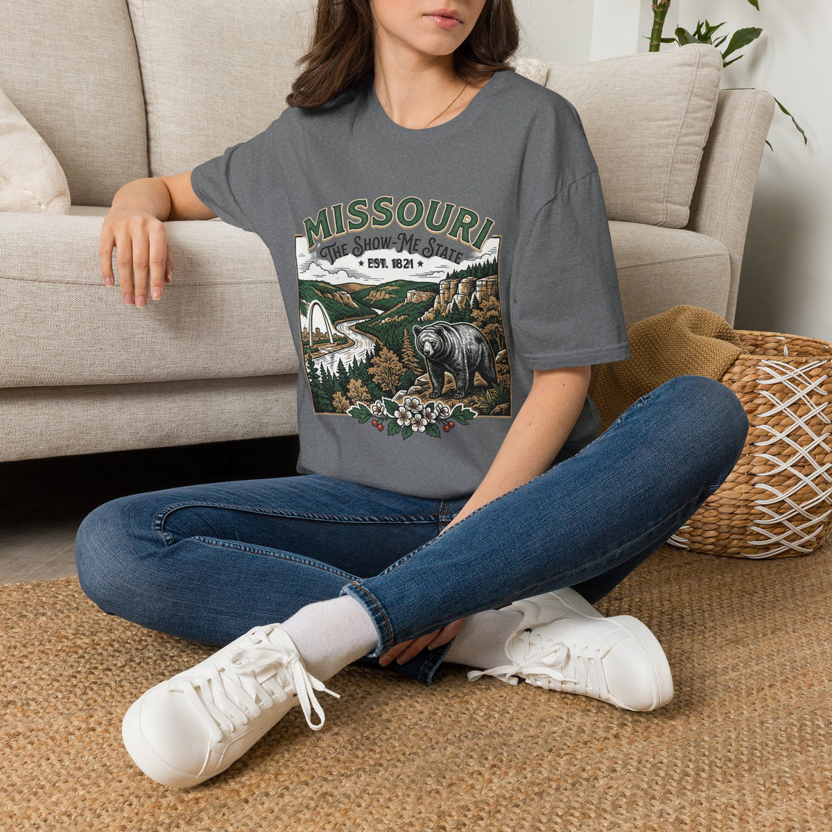 Missouri Vintage State Pride T-Shirt — State Scenic Bear Design Travel Tourist Graphic Design Unisex 100 Cotton Gildan T-Shirt