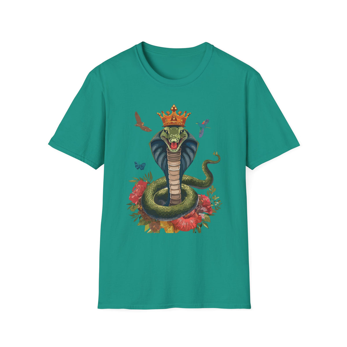 Crowned King Cobra Shirt | Snake Illustration, Floral Accents, Wildlife