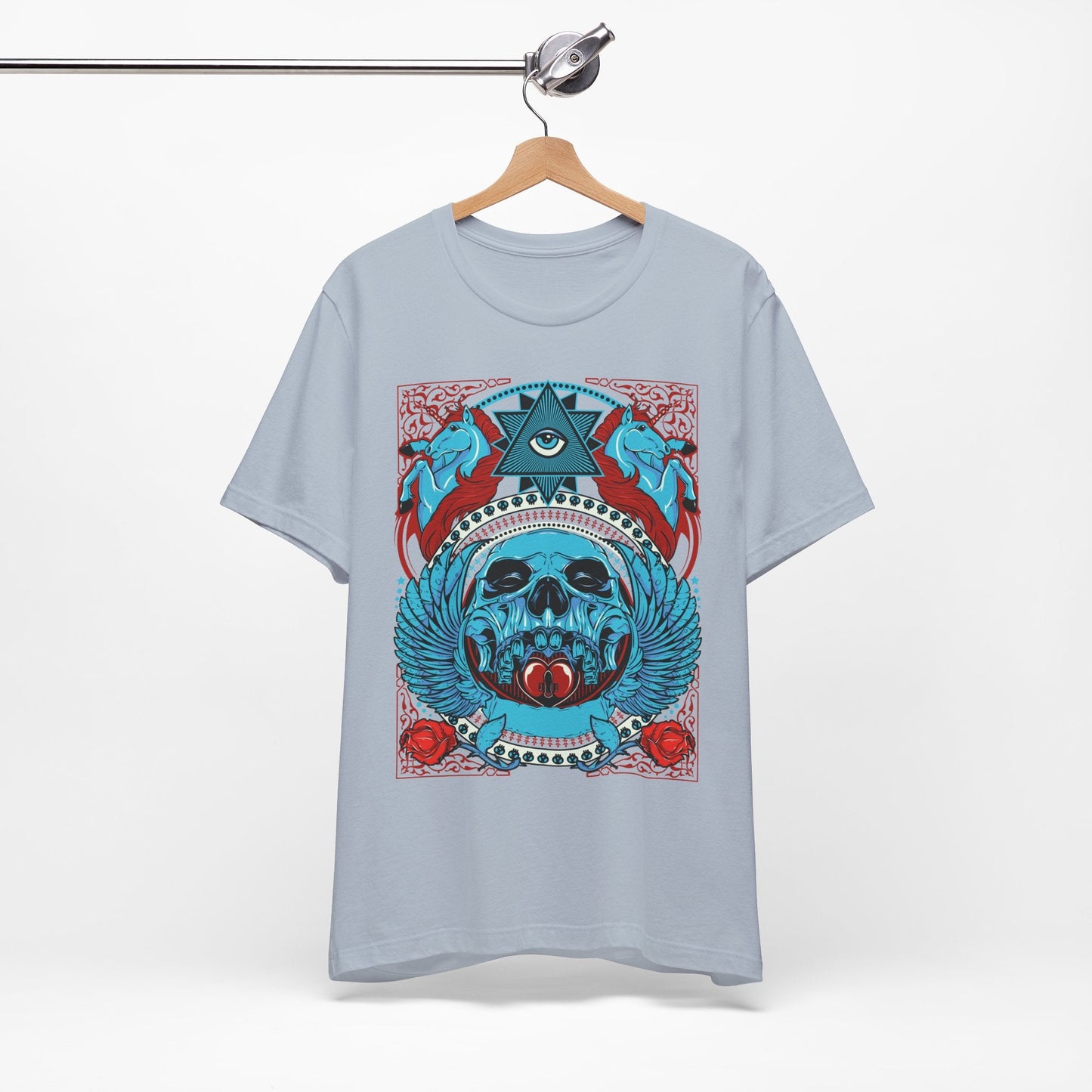 All-Seeing Skull Illustration Tee Winged Skull Third Eye Roses T-Shirt