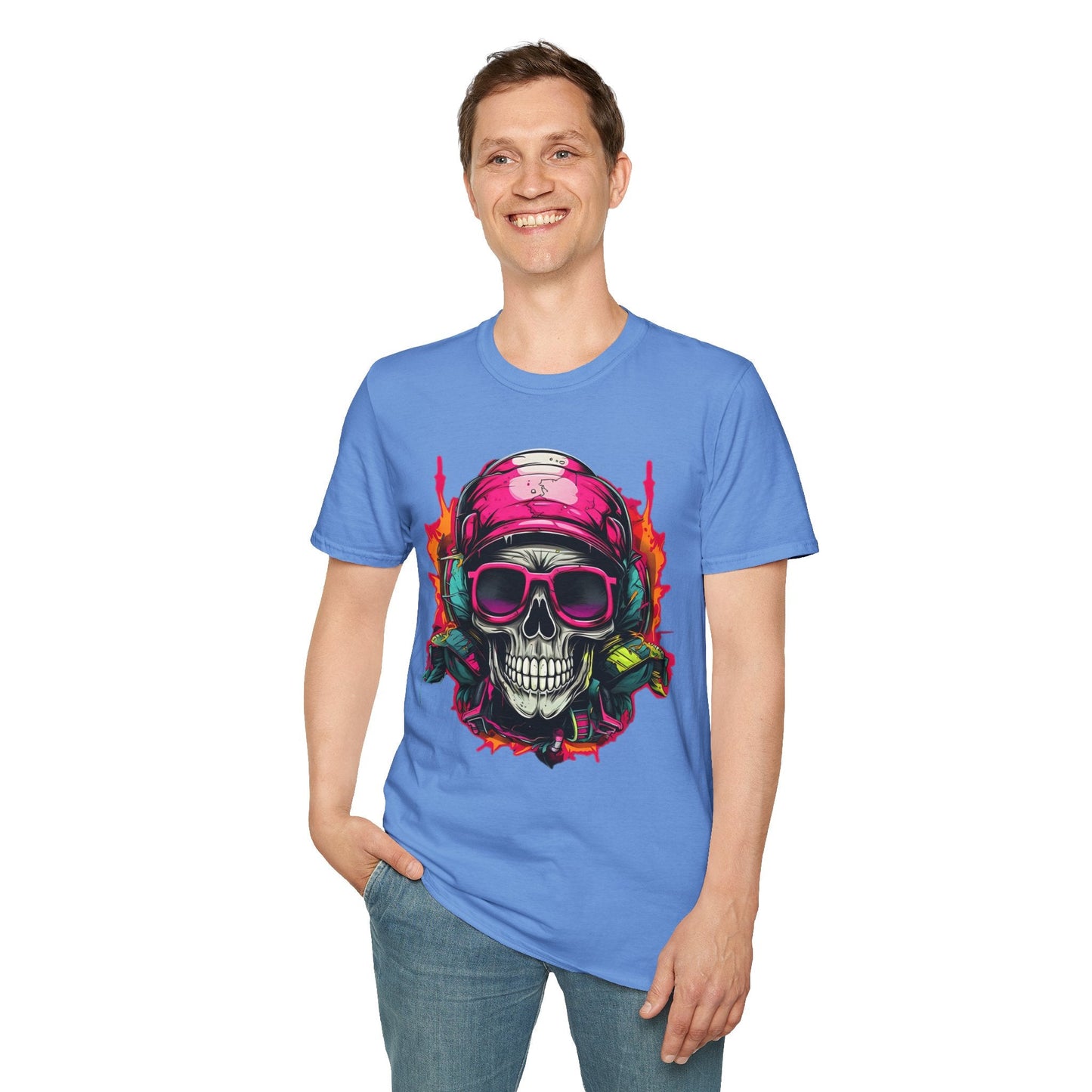Unisex Skull Tee Shirt With Skeleton Design Gildan Softstyle 64000 Ring Spun Cotton