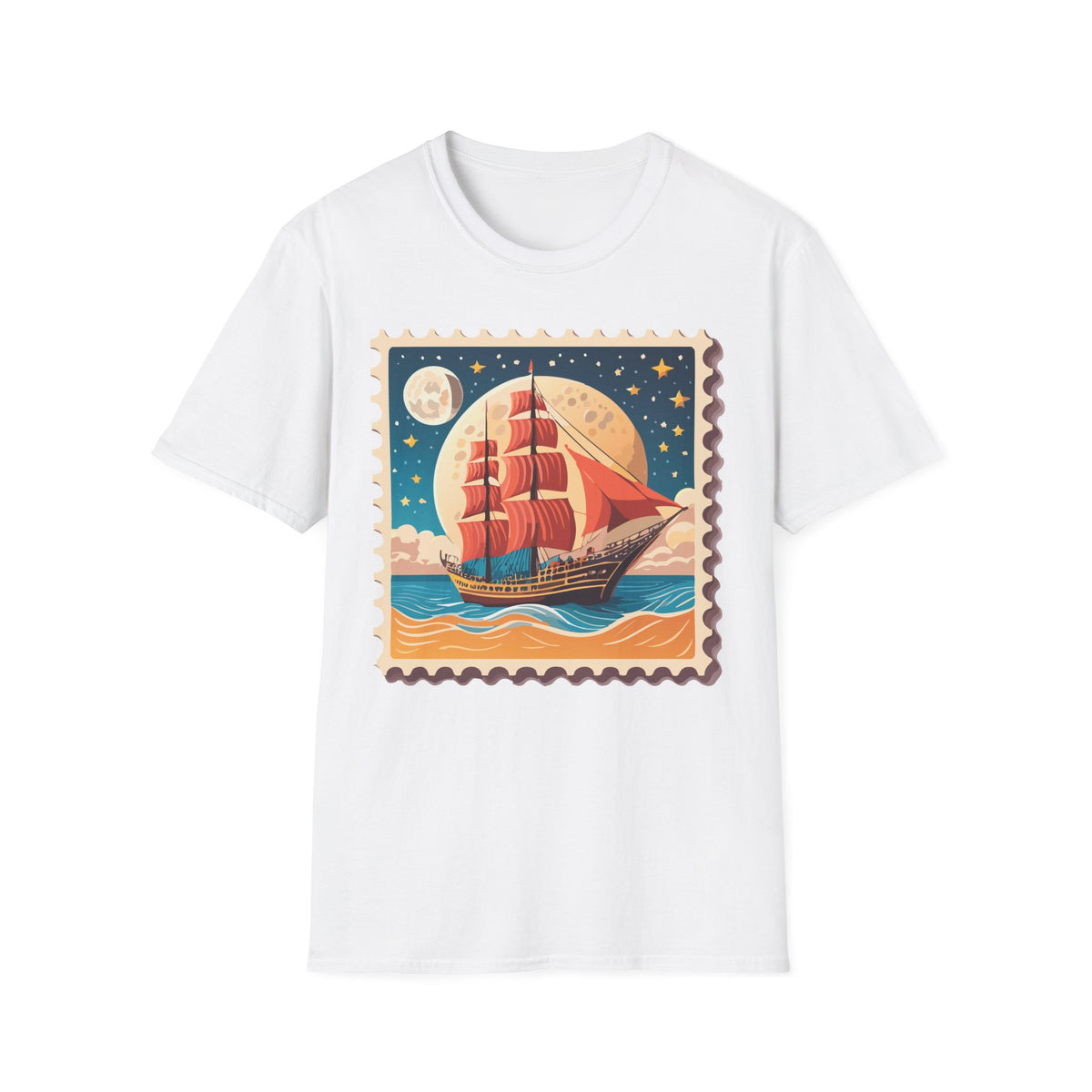 Vintage Sailing Ship Stamp T-Shirt | Retro Moonlit Ocean Illustration