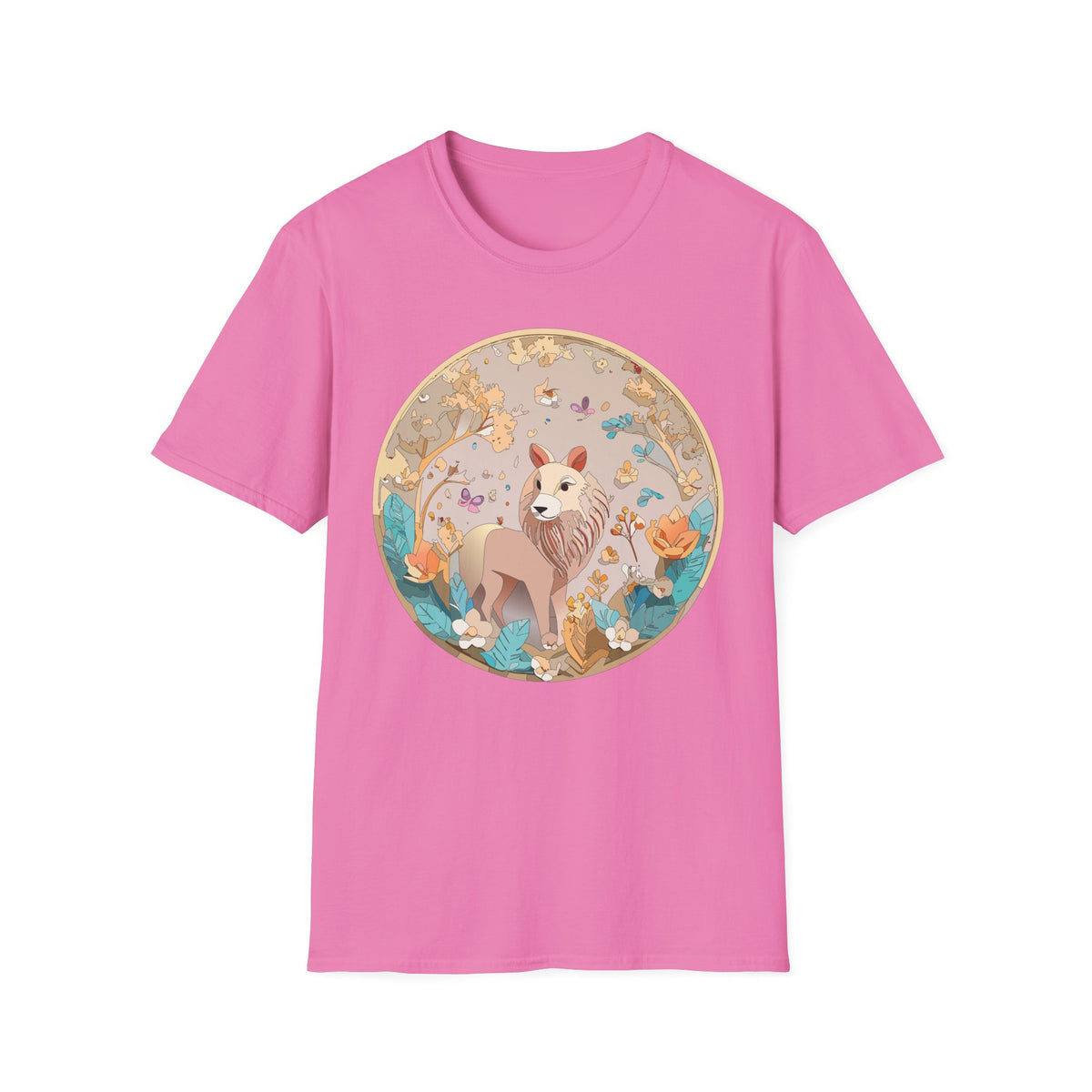 Whimsical Lion Garden Illustration T-Shirt | Floral Circle Art