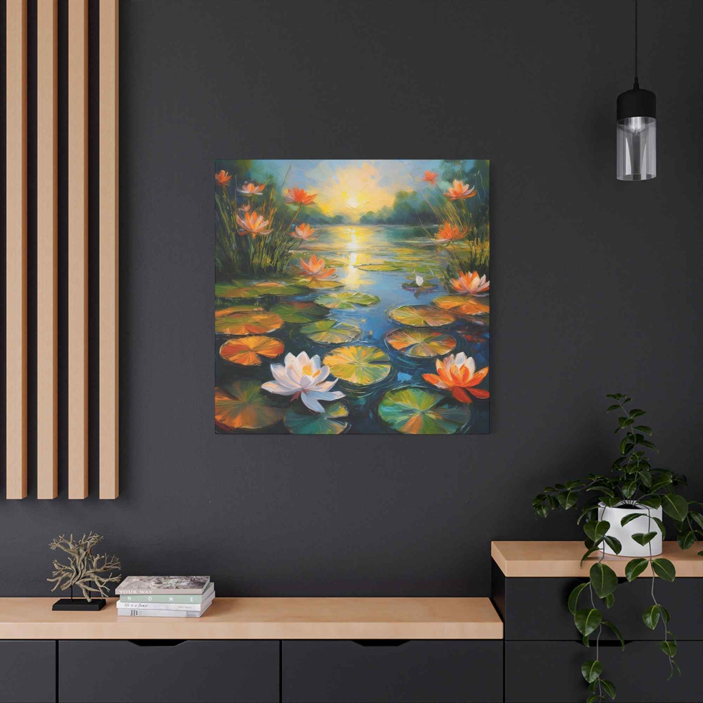 Water Lilies Print Canvas, Oil Paint Print 20x20, 24x24, 30x30, 32x32, 36x36 Art Design Print Pine-Wood Inner Frame MC-63